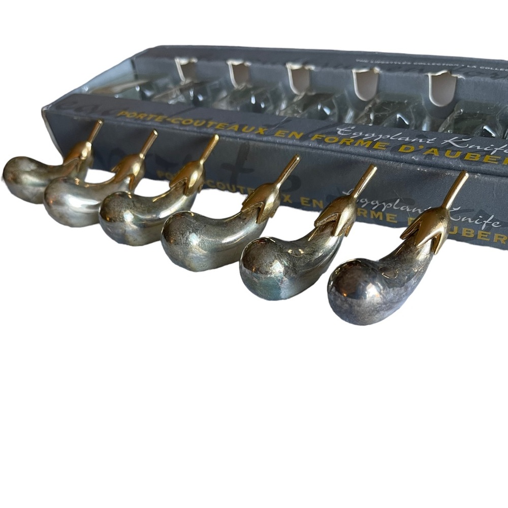 6 Eggplant Shaped Knife Rests Silver and Gold Tone